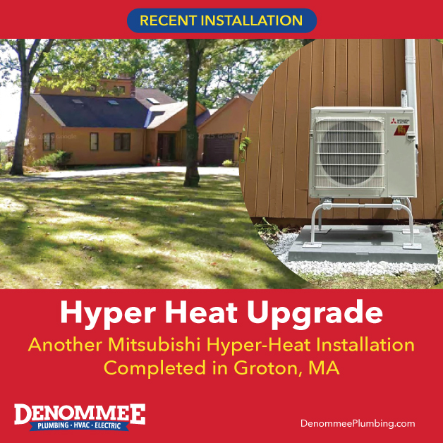 Mitsubishi Hyper Heat MXZ-3D24NLHZ outdoor heat pump installation completed by Denommee Plumbing HVAC & Electric at a home in Groton Massachusetts.