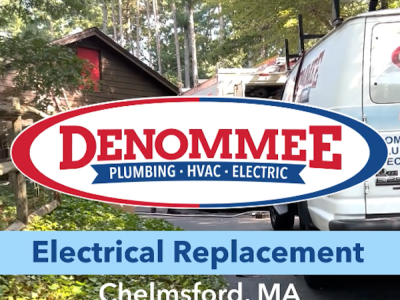 Completed residential electrical panel replacement installed by Denommee Plumbing HVAC and Electric in Chelmsford MA.