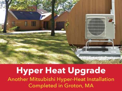 Mitsubishi Hyper Heat MXZ-3D24NLHZ outdoor heat pump installation completed by Denommee Plumbing HVAC & Electric at a home in Groton Massachusetts.