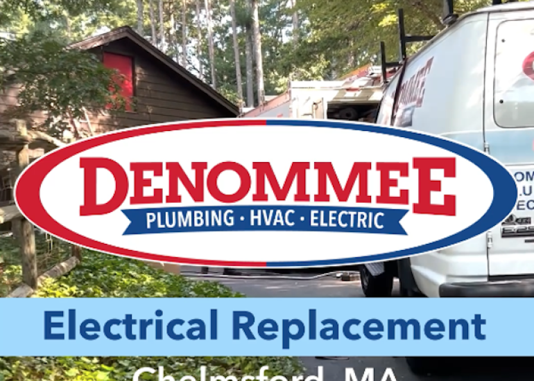 Completed residential electrical panel replacement installed by Denommee Plumbing HVAC and Electric in Chelmsford MA.